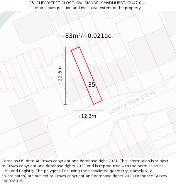 35, CHERRYTREE CLOSE, OWLSMOOR, SANDHURST, GU47 0UH: Plot and title map