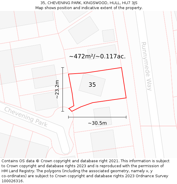 35, CHEVENING PARK, KINGSWOOD, HULL, HU7 3JS: Plot and title map