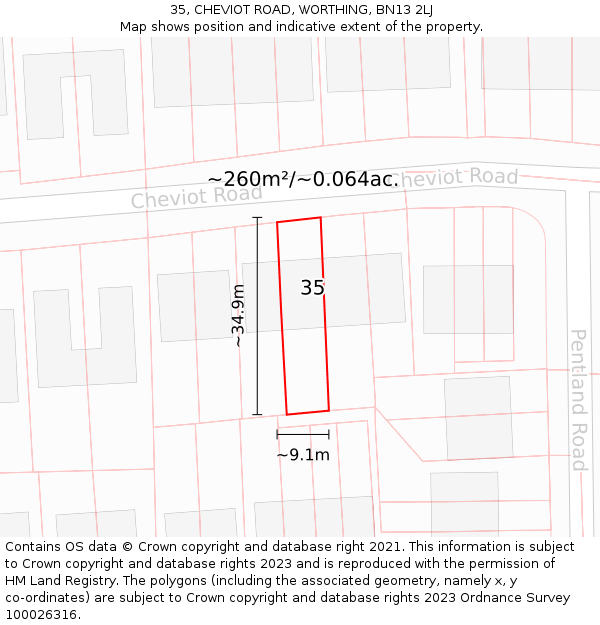 35, CHEVIOT ROAD, WORTHING, BN13 2LJ: Plot and title map