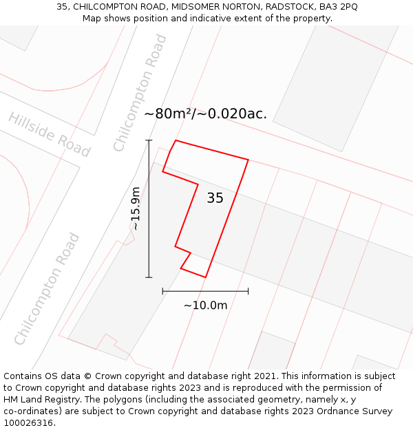 35, CHILCOMPTON ROAD, MIDSOMER NORTON, RADSTOCK, BA3 2PQ: Plot and title map