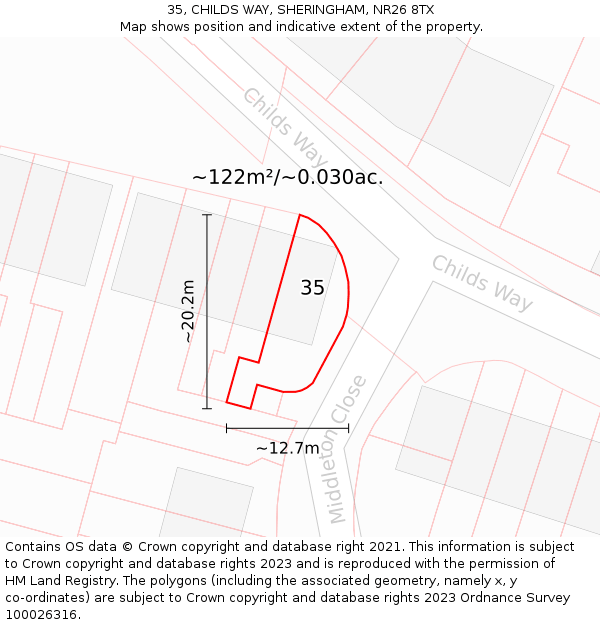 35, CHILDS WAY, SHERINGHAM, NR26 8TX: Plot and title map