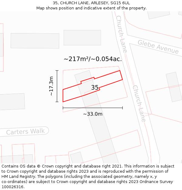 35, CHURCH LANE, ARLESEY, SG15 6UL: Plot and title map