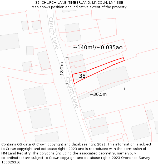 35, CHURCH LANE, TIMBERLAND, LINCOLN, LN4 3SB: Plot and title map