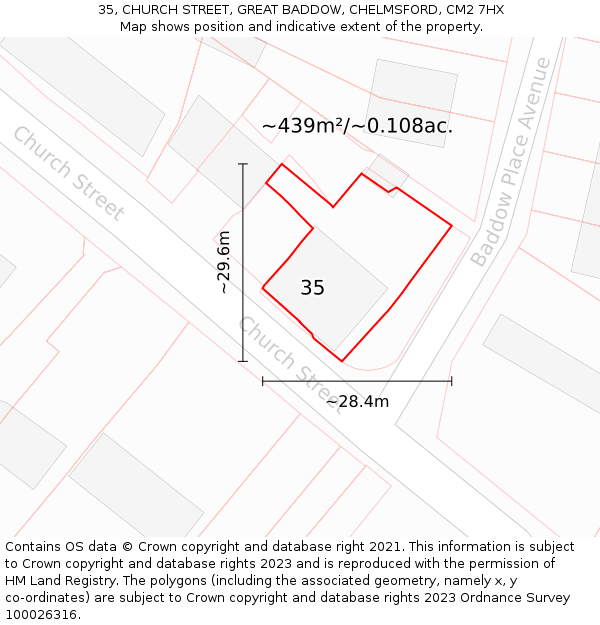 35, CHURCH STREET, GREAT BADDOW, CHELMSFORD, CM2 7HX: Plot and title map
