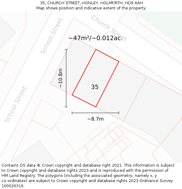 35, CHURCH STREET, HONLEY, HOLMFIRTH, HD9 6AH: Plot and title map