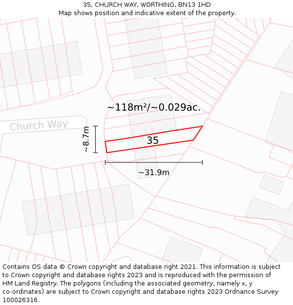 35, CHURCH WAY, WORTHING, BN13 1HD: Plot and title map
