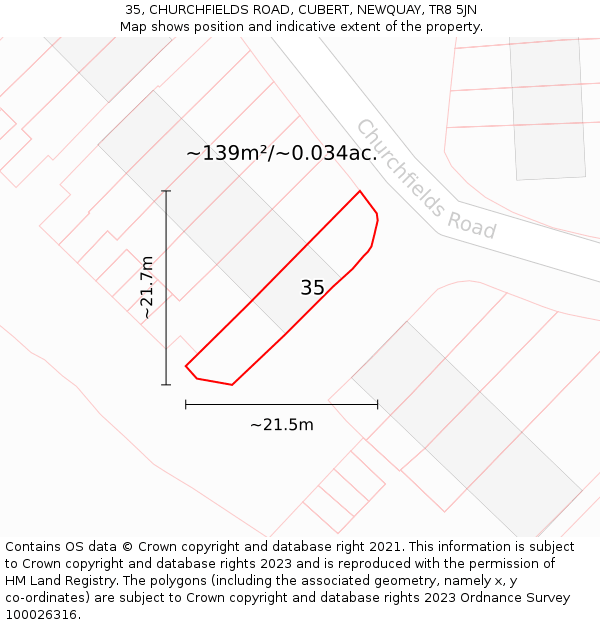 35, CHURCHFIELDS ROAD, CUBERT, NEWQUAY, TR8 5JN: Plot and title map