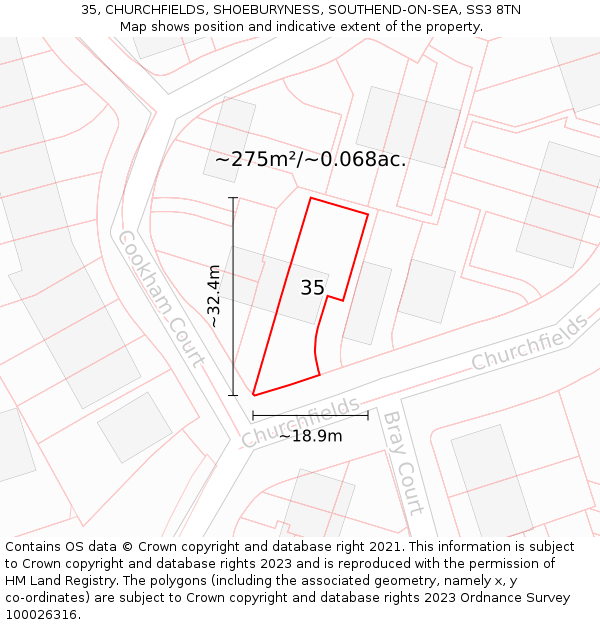35, CHURCHFIELDS, SHOEBURYNESS, SOUTHEND-ON-SEA, SS3 8TN: Plot and title map