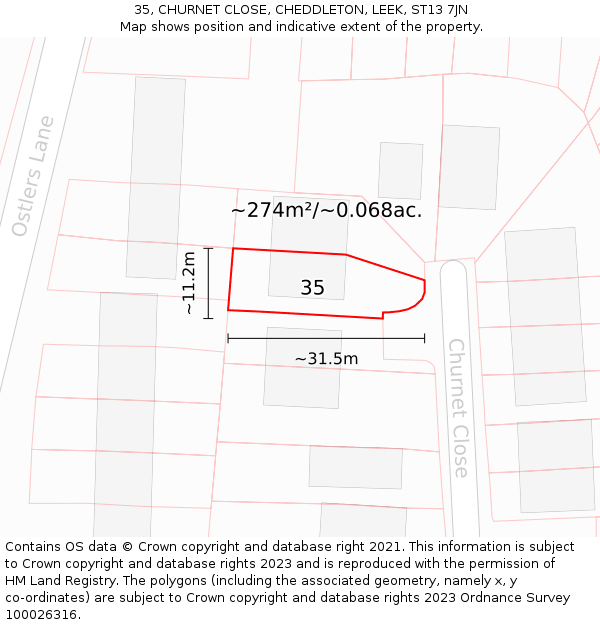 35, CHURNET CLOSE, CHEDDLETON, LEEK, ST13 7JN: Plot and title map