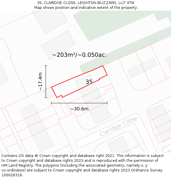 35, CLARIDGE CLOSE, LEIGHTON BUZZARD, LU7 4TW: Plot and title map