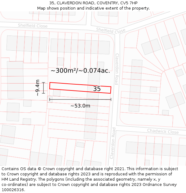 35, CLAVERDON ROAD, COVENTRY, CV5 7HP: Plot and title map