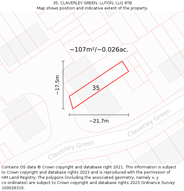 35, CLAVERLEY GREEN, LUTON, LU2 8TB: Plot and title map