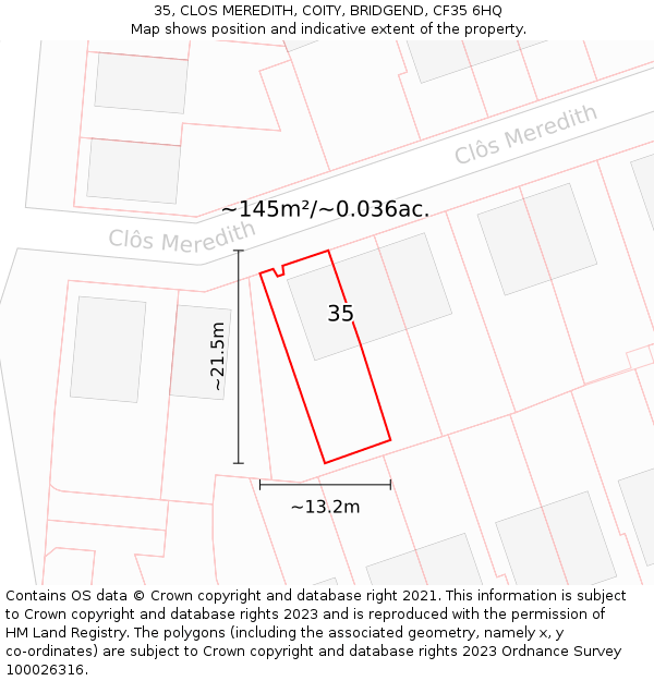 35, CLOS MEREDITH, COITY, BRIDGEND, CF35 6HQ: Plot and title map