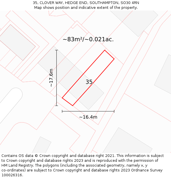 35, CLOVER WAY, HEDGE END, SOUTHAMPTON, SO30 4RN: Plot and title map