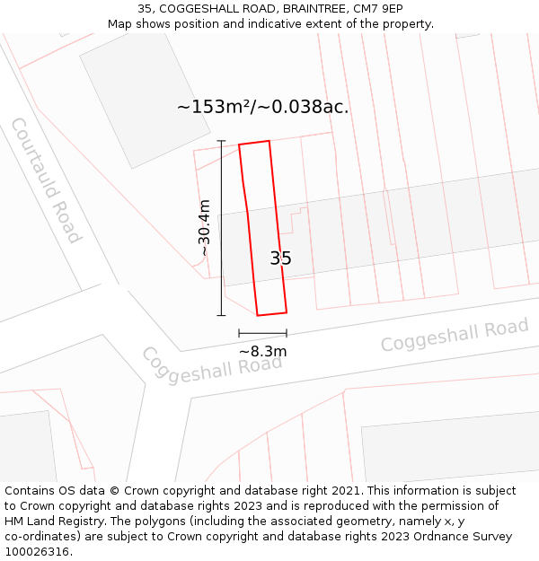 35, COGGESHALL ROAD, BRAINTREE, CM7 9EP: Plot and title map