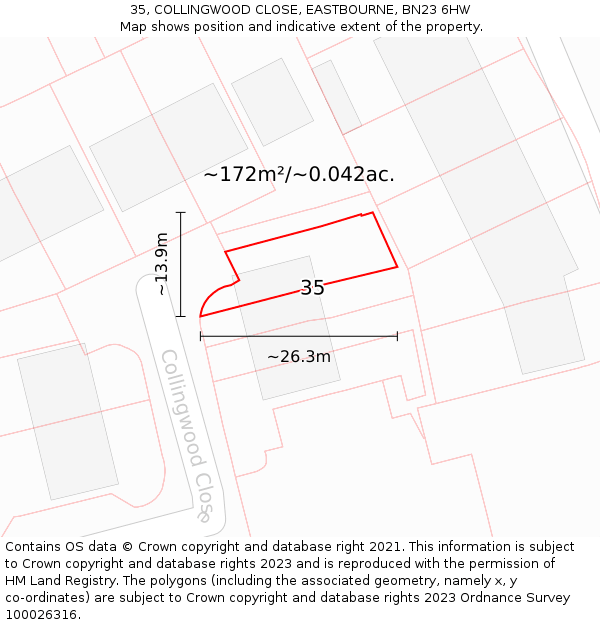 35, COLLINGWOOD CLOSE, EASTBOURNE, BN23 6HW: Plot and title map