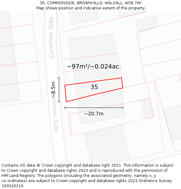35, COMMONSIDE, BROWNHILLS, WALSALL, WS8 7AY: Plot and title map