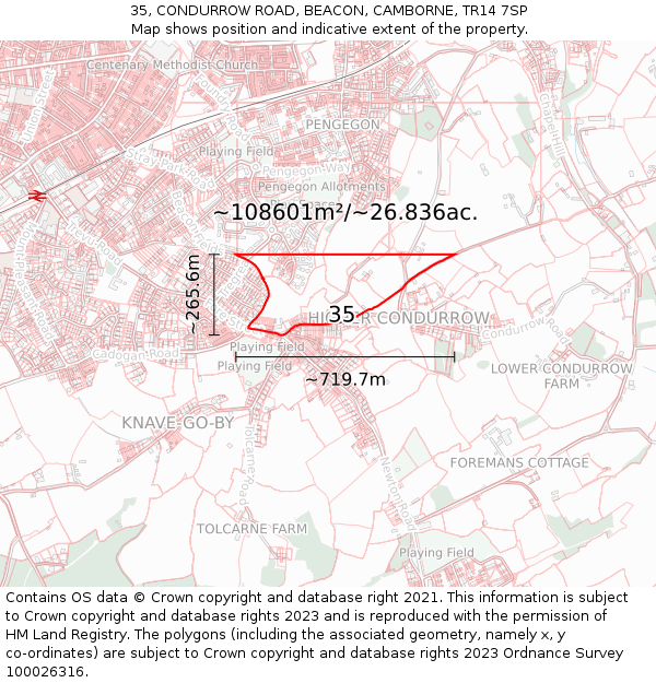35, CONDURROW ROAD, BEACON, CAMBORNE, TR14 7SP: Plot and title map