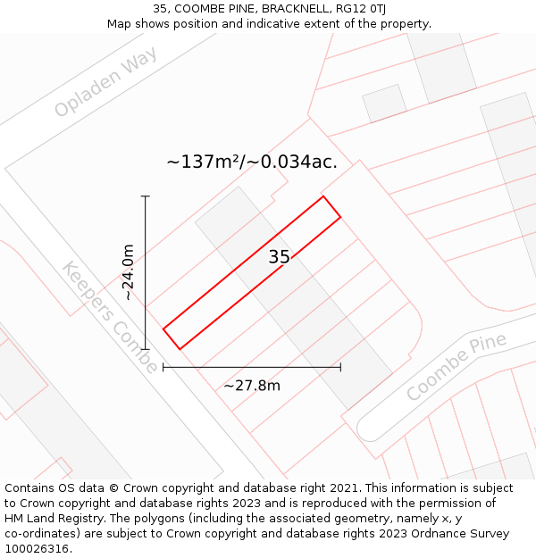 35, COOMBE PINE, BRACKNELL, RG12 0TJ: Plot and title map