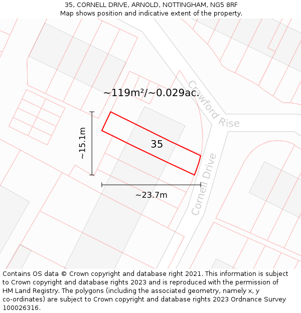 35, CORNELL DRIVE, ARNOLD, NOTTINGHAM, NG5 8RF: Plot and title map