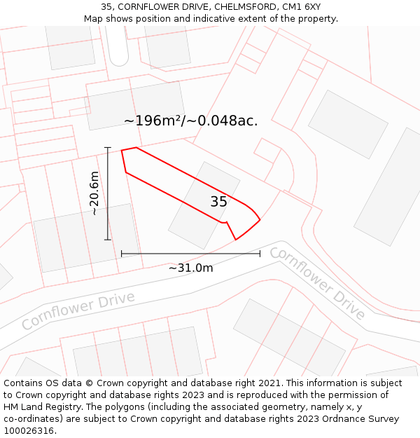 35, CORNFLOWER DRIVE, CHELMSFORD, CM1 6XY: Plot and title map