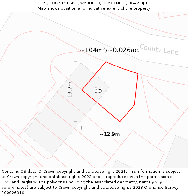 35, COUNTY LANE, WARFIELD, BRACKNELL, RG42 3JH: Plot and title map