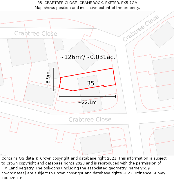35, CRABTREE CLOSE, CRANBROOK, EXETER, EX5 7GA: Plot and title map