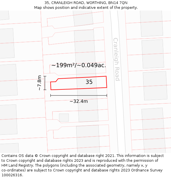 35, CRANLEIGH ROAD, WORTHING, BN14 7QN: Plot and title map