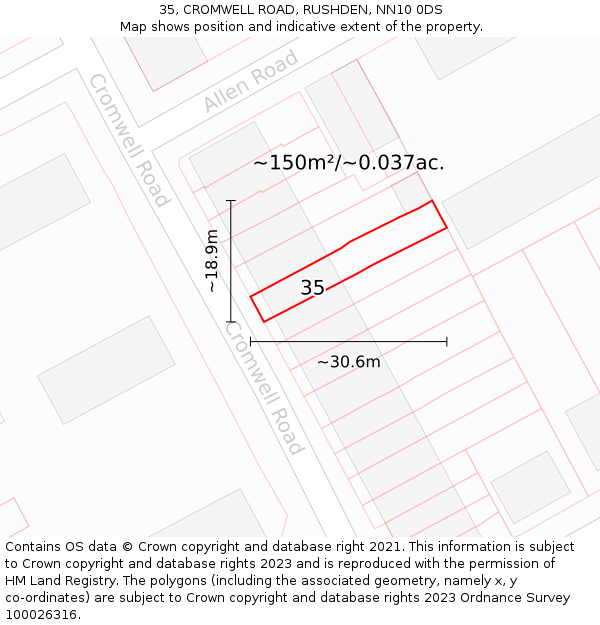 35, CROMWELL ROAD, RUSHDEN, NN10 0DS: Plot and title map