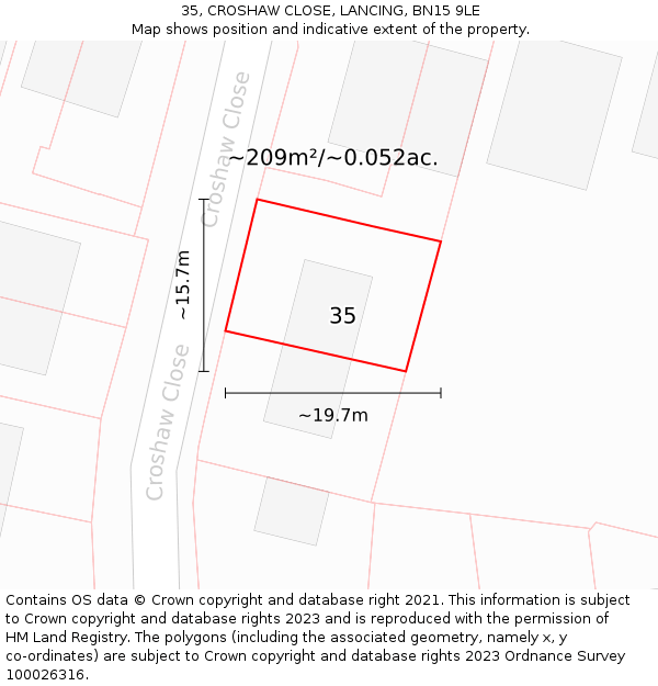 35, CROSHAW CLOSE, LANCING, BN15 9LE: Plot and title map