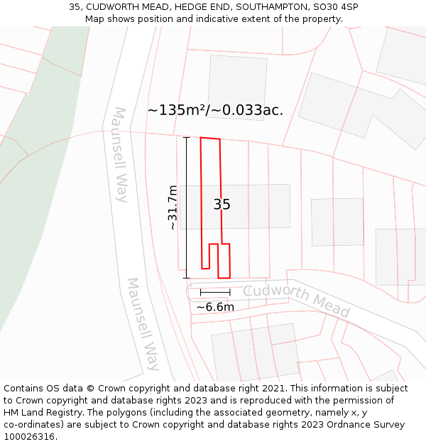 35, CUDWORTH MEAD, HEDGE END, SOUTHAMPTON, SO30 4SP: Plot and title map