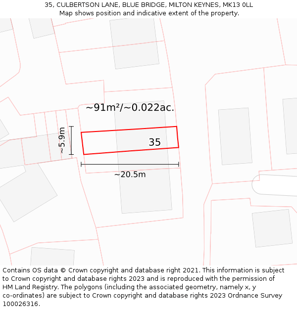 35, CULBERTSON LANE, BLUE BRIDGE, MILTON KEYNES, MK13 0LL: Plot and title map