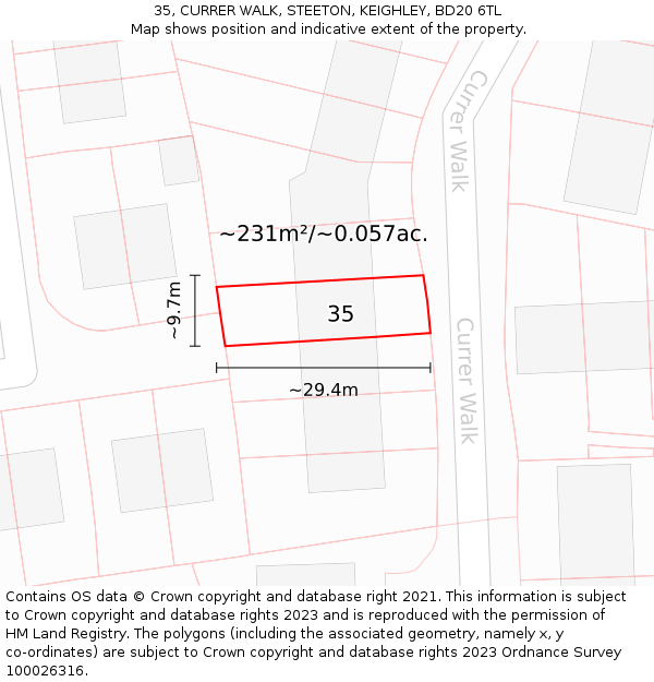 35, CURRER WALK, STEETON, KEIGHLEY, BD20 6TL: Plot and title map