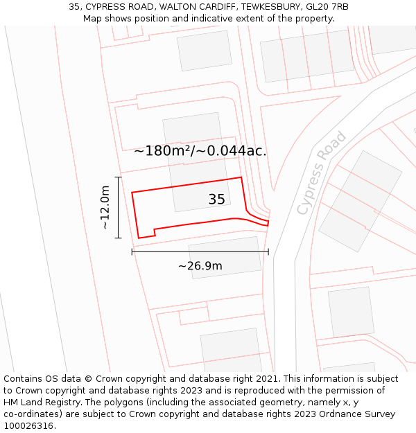 35, CYPRESS ROAD, WALTON CARDIFF, TEWKESBURY, GL20 7RB: Plot and title map