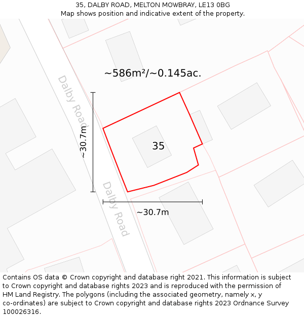 35, DALBY ROAD, MELTON MOWBRAY, LE13 0BG: Plot and title map