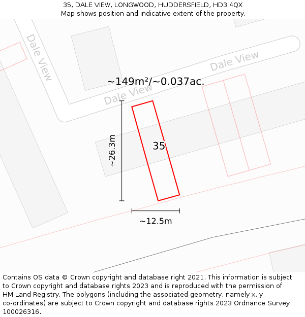 35, DALE VIEW, LONGWOOD, HUDDERSFIELD, HD3 4QX: Plot and title map