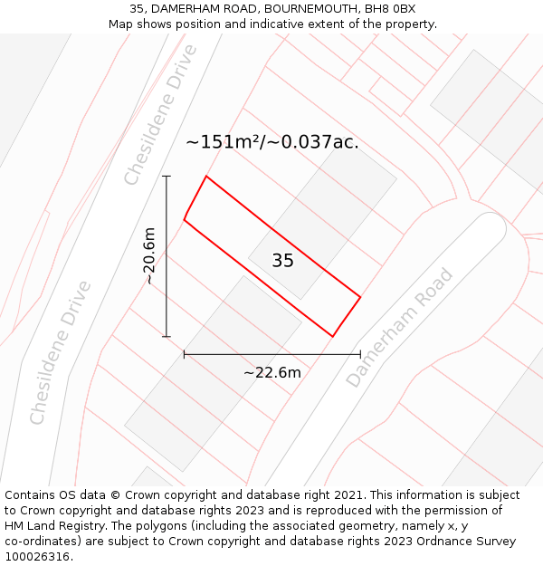 35, DAMERHAM ROAD, BOURNEMOUTH, BH8 0BX: Plot and title map