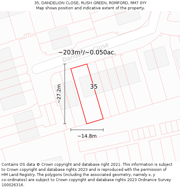 35, DANDELION CLOSE, RUSH GREEN, ROMFORD, RM7 0YY: Plot and title map
