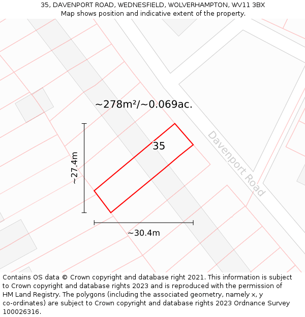 35, DAVENPORT ROAD, WEDNESFIELD, WOLVERHAMPTON, WV11 3BX: Plot and title map