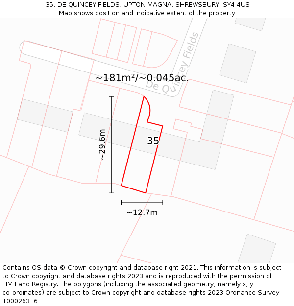 35, DE QUINCEY FIELDS, UPTON MAGNA, SHREWSBURY, SY4 4US: Plot and title map