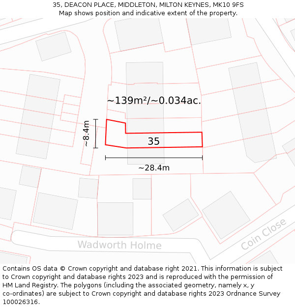 35, DEACON PLACE, MIDDLETON, MILTON KEYNES, MK10 9FS: Plot and title map