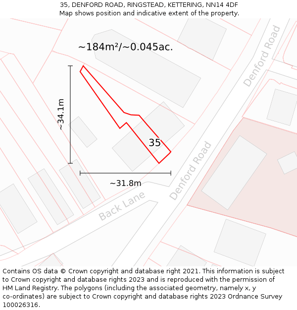 35, DENFORD ROAD, RINGSTEAD, KETTERING, NN14 4DF: Plot and title map