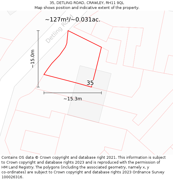 35, DETLING ROAD, CRAWLEY, RH11 9QL: Plot and title map