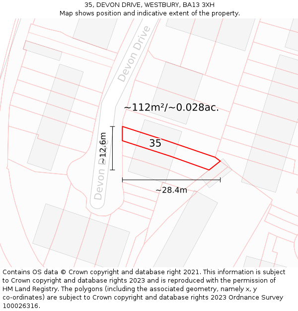 35, DEVON DRIVE, WESTBURY, BA13 3XH: Plot and title map