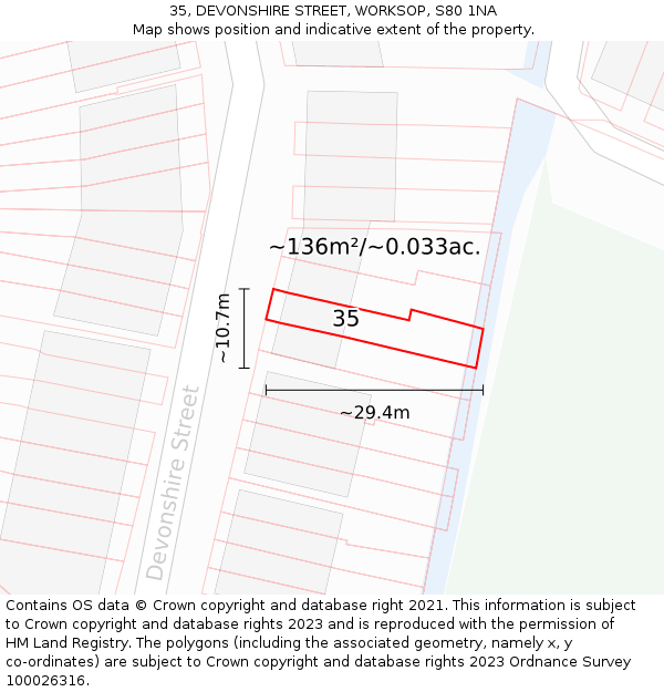 35, DEVONSHIRE STREET, WORKSOP, S80 1NA: Plot and title map