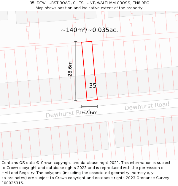 35, DEWHURST ROAD, CHESHUNT, WALTHAM CROSS, EN8 9PG: Plot and title map