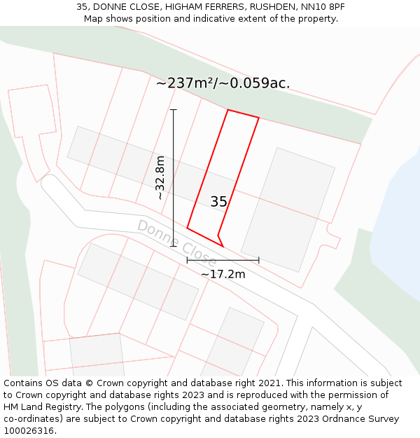 35, DONNE CLOSE, HIGHAM FERRERS, RUSHDEN, NN10 8PF: Plot and title map