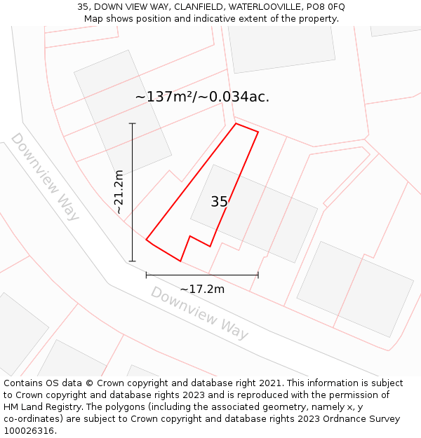 35, DOWN VIEW WAY, CLANFIELD, WATERLOOVILLE, PO8 0FQ: Plot and title map