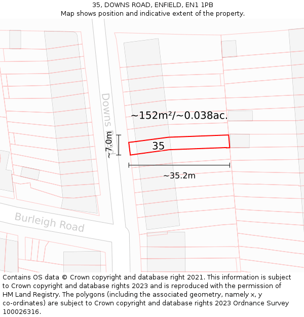 35, DOWNS ROAD, ENFIELD, EN1 1PB: Plot and title map