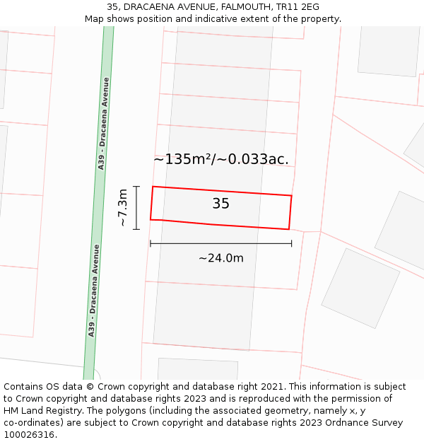 35, DRACAENA AVENUE, FALMOUTH, TR11 2EG: Plot and title map